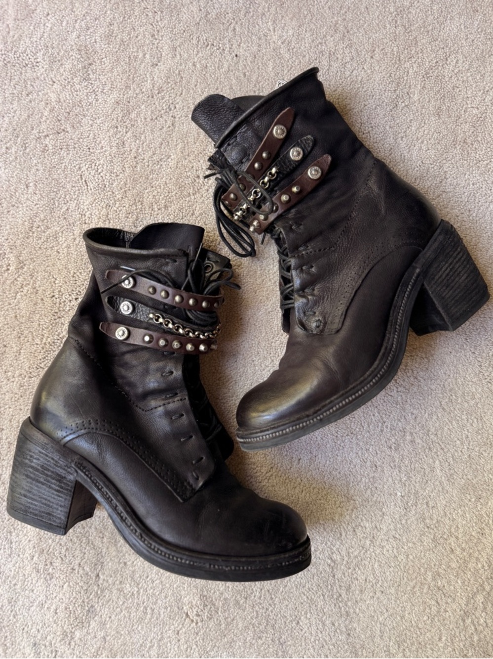 A.S.98 Black Studded Lace-Up Leather Ankle Heeled Boots Rocker Biker 38/8